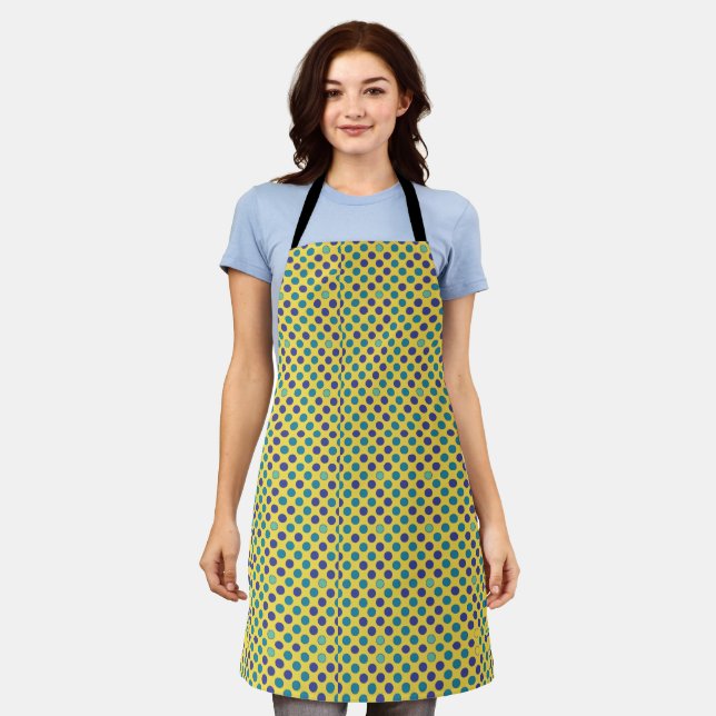 Lila und blaue Polka-Punktmuster auf gelb Schürze (Getragen)