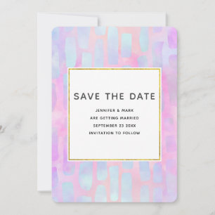 Lila und blaue Rechteckformen auf rosa Hochzeit Save The Date