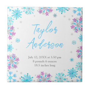 Lila und blaue Schneeflocken Baby-Geburtenstatisti Fliese