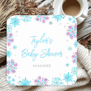 Lila und blaue Schneeflocken-Baby-Party Rechteckiger Pappuntersetzer