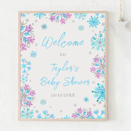 Lila und blaue Schneeflocken Babydusche Willkommen Poster