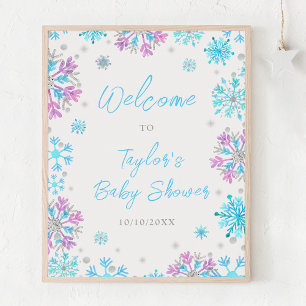 Lila und blaue Schneeflocken Babydusche Willkommen Poster