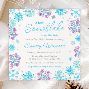 Lila und blaue Schneeflocken Winter-Baby-Party Einladung