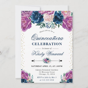 Lila und Blaue Sommerblumen Quinceanera Einladung