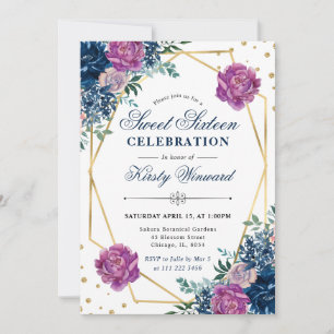 Lila und blaue Sommerblumen Rahmen Sweet 16 Einladung