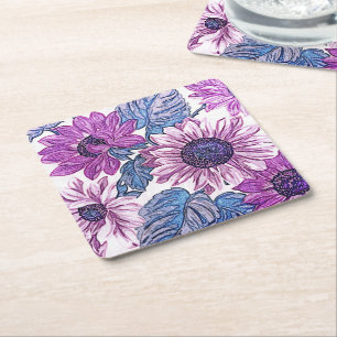 Lila und blaue Vintage-Blumenkunst Rechteckiger Pappuntersetzer