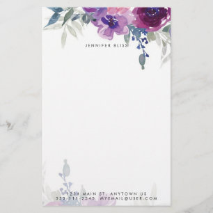 Lila und blaue Wasserfarbe floral personalisiert Briefpapier