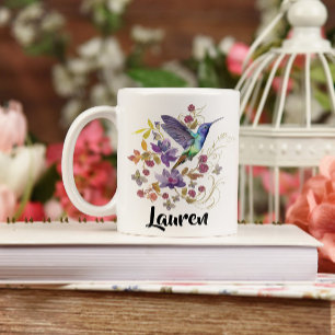 Lila und blaue Wasserfarbe Hummingbird Blumenkoff Kaffeetasse