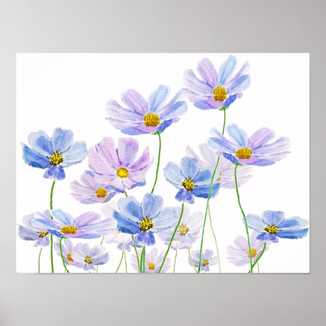 lila und blauer Kosmos Blume Aquarell Poster (Vorne)