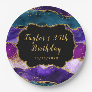 Lila und blauer Pfau Agate Birthday Pappteller