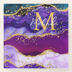 Lila und blauer Pfau-Faux-Glitter-Achat Glasuntersetzer