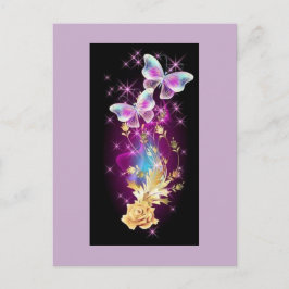 Lila und blauer Schmetterling mit goldener Rose Postkarte