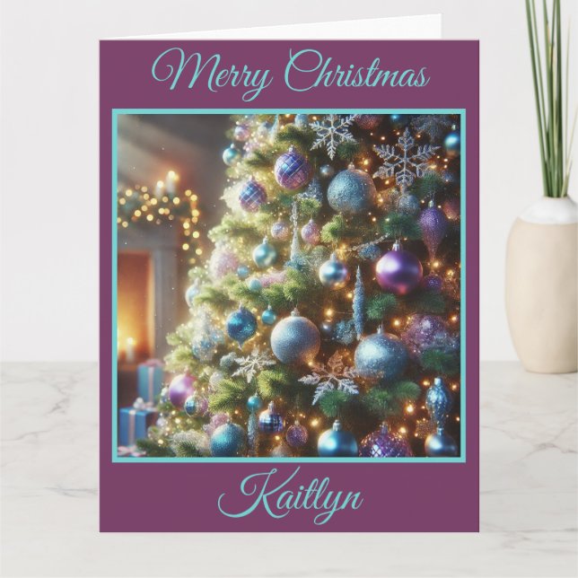 Lila und blauer Weihnachtsbaum Karte (Vorderseite)