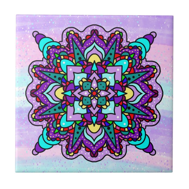 Lila und blaues Mystical Mandala Fliese (Vorderseite)