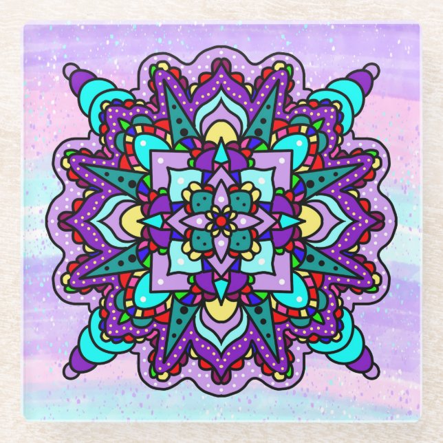 Lila und blaues Mystical Mandala Glasuntersetzer (Vorderseite)