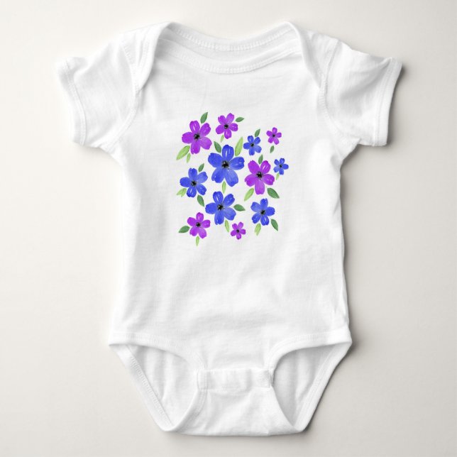 Lila und blaues Wasserfarbenflormotiv Baby Strampler (Vorderseite)