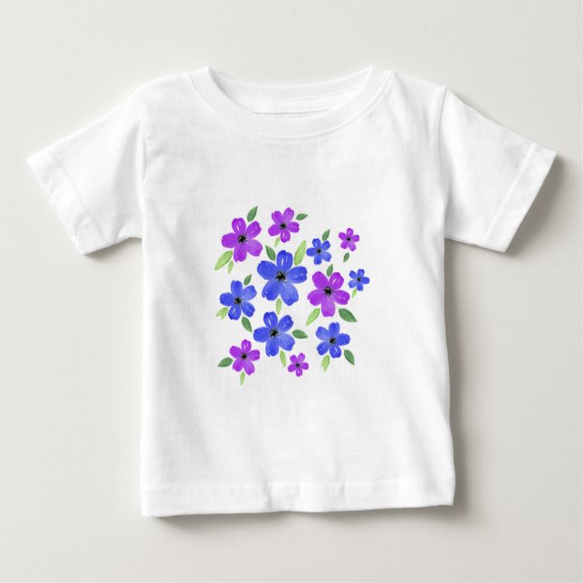 Lila und blaues Wasserfarbenflormotiv Baby T-shirt (Vorderseite)