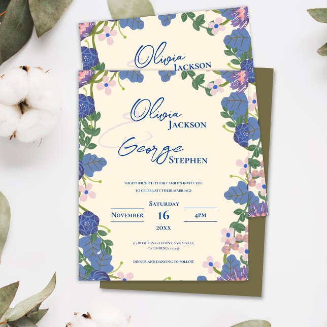 Lila und blauflorale romantische Hochzeitseinladun (Purple and Blue Floral Romantic Wedding Invitation)