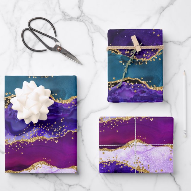 Lila und Blue Peacock Imitats Glitzer Agate Geschenkpapier Set (Vorderseite)