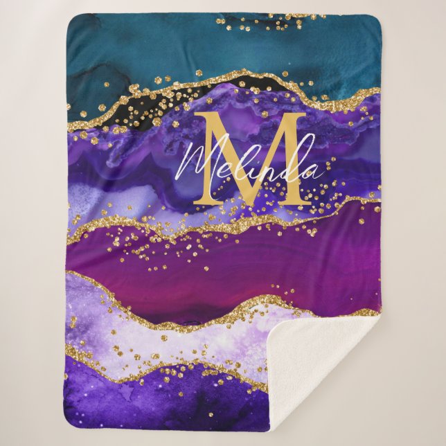 Lila und Blue Peacock Imitats Glitzer Agate Sherpadecke (Vorderseite)