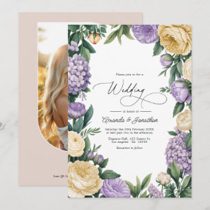 Lila und Buttercreme Wasserfarben Florale Hochzeit Einladung