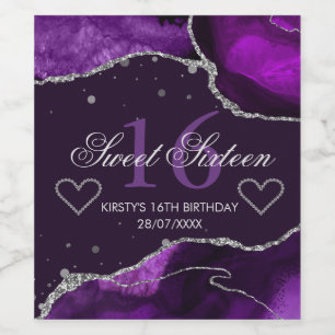 Lila und falscher silberner Glitter-Achat Sweet 16 Weinetikett