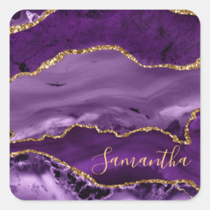Lila und falsches Gold Glitter-Marmor-Achat Quadratischer Aufkleber