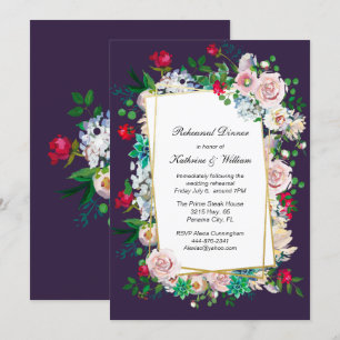 Lila und florale Rahmen Hochzeit Probe Dinner Einladung