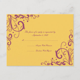 Lila und gelbe Blüh-Hochzeitsszenario RSVP Karte