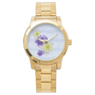 Lila und gelbe Blumen Blatt Music Gold Watch Armbanduhr