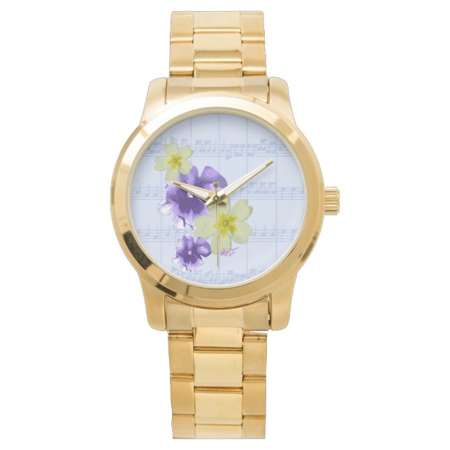 Lila und gelbe Blumen Blatt Music Gold Watch Armbanduhr (Vorderseite)