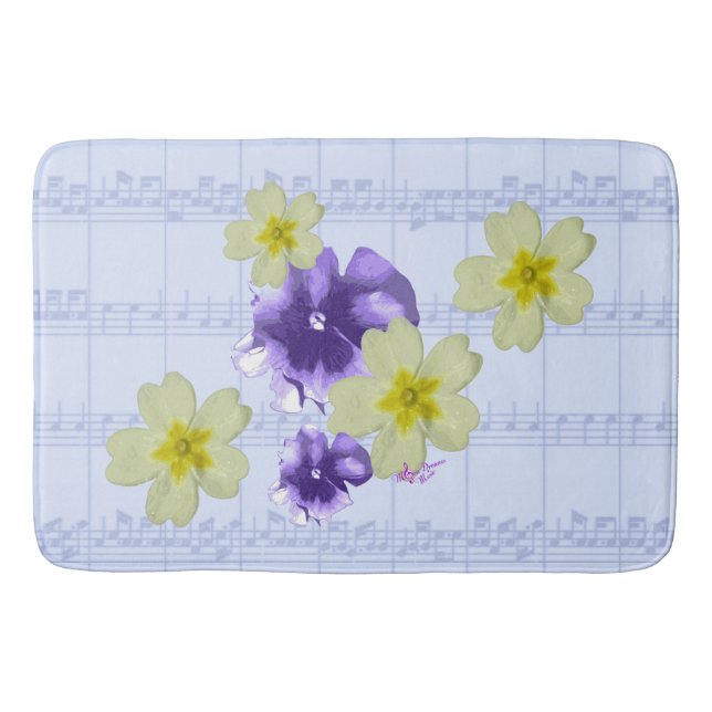 Lila und gelbe Blumen Blauer Blatt Bath Mat Badematte (Vorderseite)