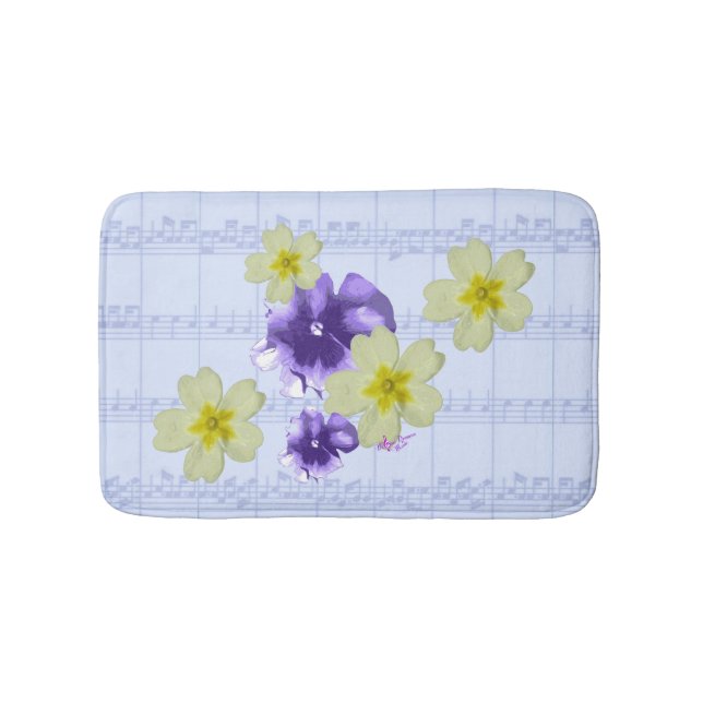 Lila und gelbe Blumen Blauer Blatt Bath Mat Badematte (Vorderseite)