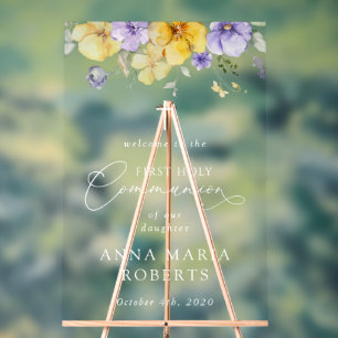 Lila und gelbe Blumen, Erster Kommunion Willkommen Acrylschild