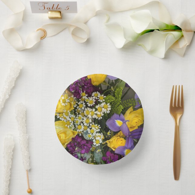 Lila und gelbe Blumen Pappteller (Hochzeit)