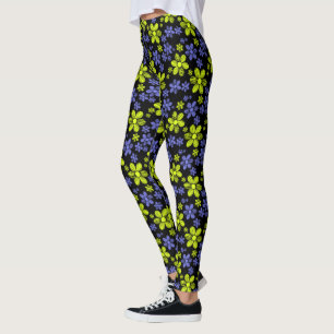 Lila und gelbe Daisis mit schwarzem Hintergrund Leggings