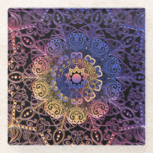 Lila und gelbe Mandala: handgezeichnetes Design Glasuntersetzer