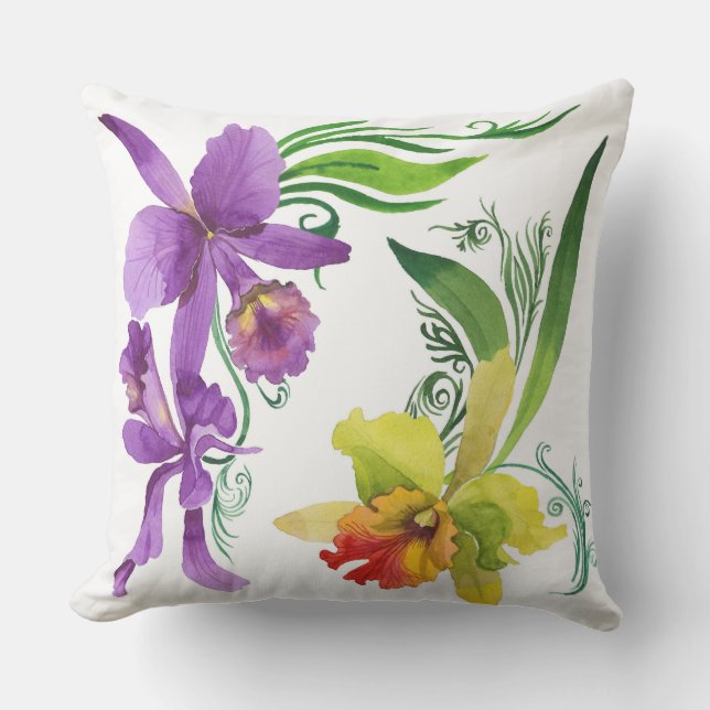 Lila und gelbe Orchideen-Blumen-Wasserfarbe Kissen (Vorderseite)