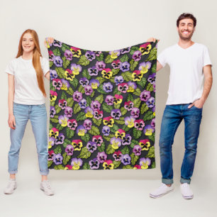 Lila und gelbe Stiefmütterchen Blumenfleece blau Fleecedecke