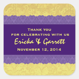 Lila und gelber Damast Vielen Dank für Ihre Hochze Quadratischer Aufkleber