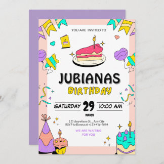 Lila und gelber Illustrierter Geburtstag Einladung