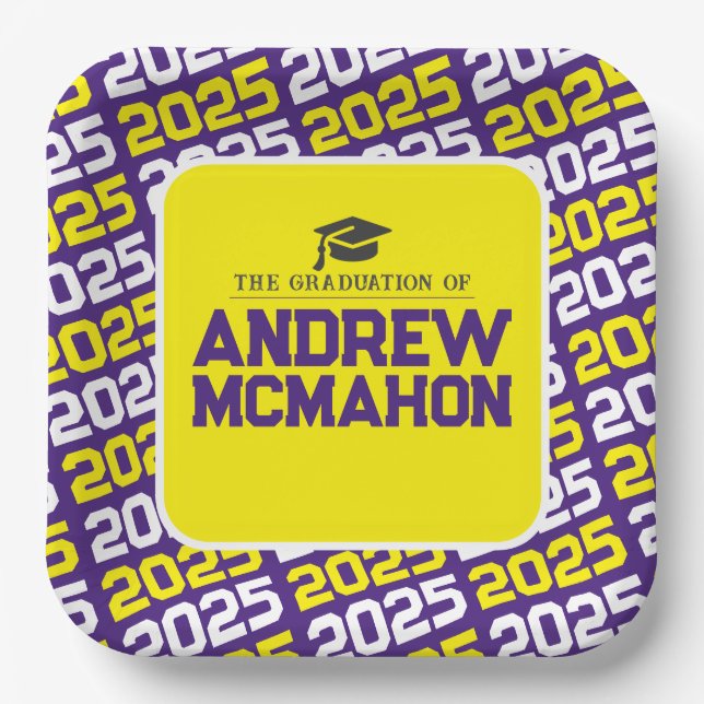 Lila und gelber Personalisierter Abschluss Pappteller (Vorderseite)