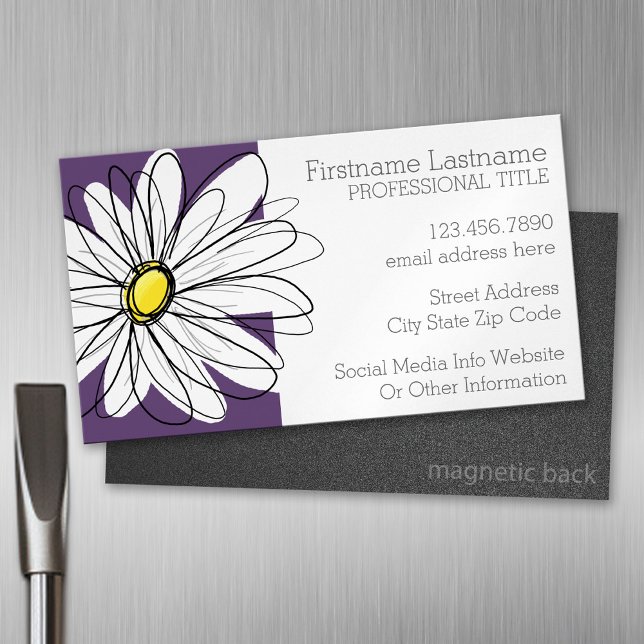 Lila und gelber weißlicher Daisy-Text Magnetische Visitenkarte (Custom Business Card Magnet)