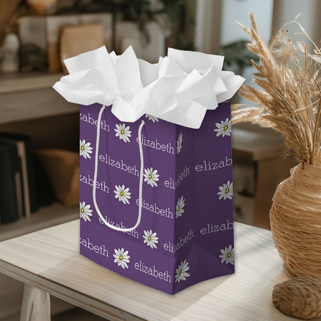 Lila und gelber weißlicher Daisy-Text Mittlere Geschenktüte (Custom Gift Bag)
