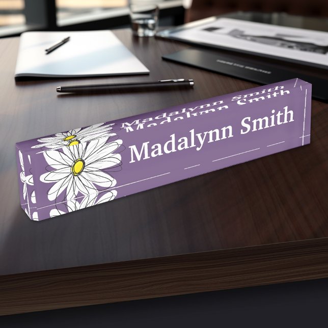 Lila und gelber weißlicher Daisy-Text Namensplakette (Personalized Name Plate for the Office, School or Home)