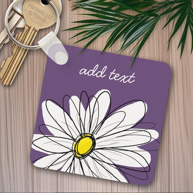 Lila und gelber weißlicher Daisy-Text Schlüsselanhänger (Personalized keychain - add name)