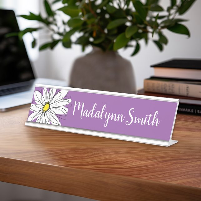 Lila und gelber weißlicher Daisy-Text Schreibtischnamensplakette (Personalized Desk Sign with Name and Title - Custom Executive Name Plate)