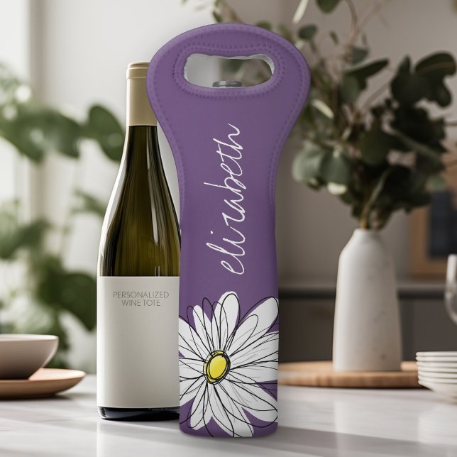 Lila und gelber weißlicher Daisy-Text Weintasche (Personalized Wine Tote - Add Your Name or Customize completely in the advanced design area)