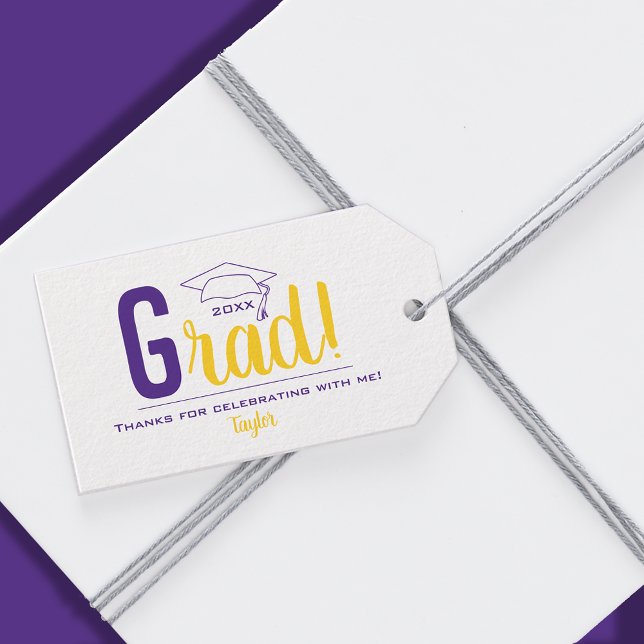 Lila und gelbes GraduierungskappenGastgeschenk Geschenkanhänger (3.5" x 2" personalized graduation favor gift tags with yellow and purple grad cap )
