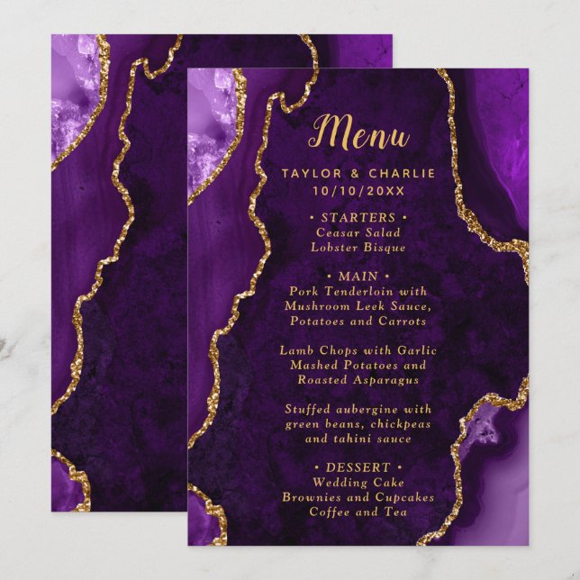 Lila und Gold Achat Hochzeitsmenü Menükarte (Vorne/Hinten)